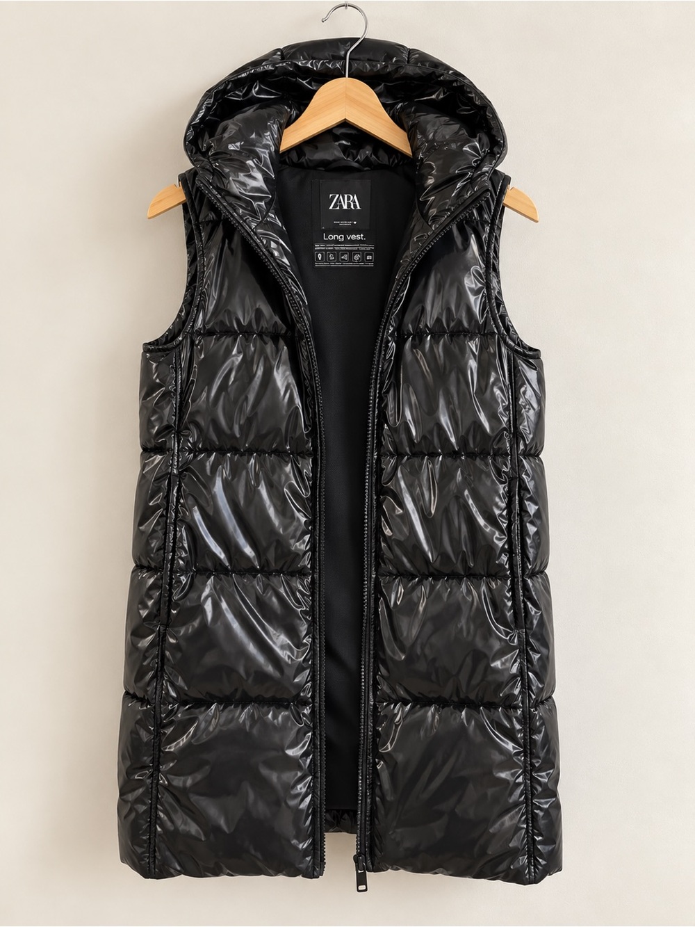 Zara Black Glossy Long Puffer Vest with Hood